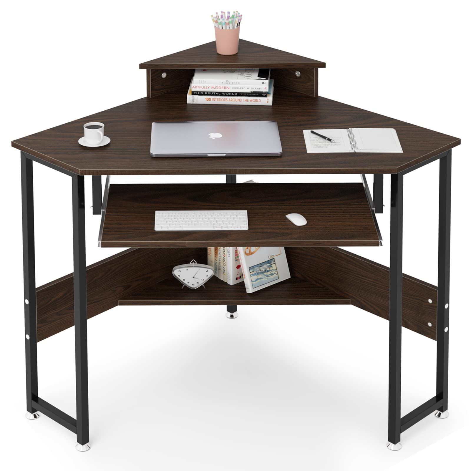 【数量限定】鏡台 化粧台 パソコンデスク 幅72*奥行72cm 机上台付き PCデスク キーボードスライダー付き 学習デスク コーナーデスク 収納棚付き 机 三角形デスク デスク 学習机 DEWEL 在宅勤務