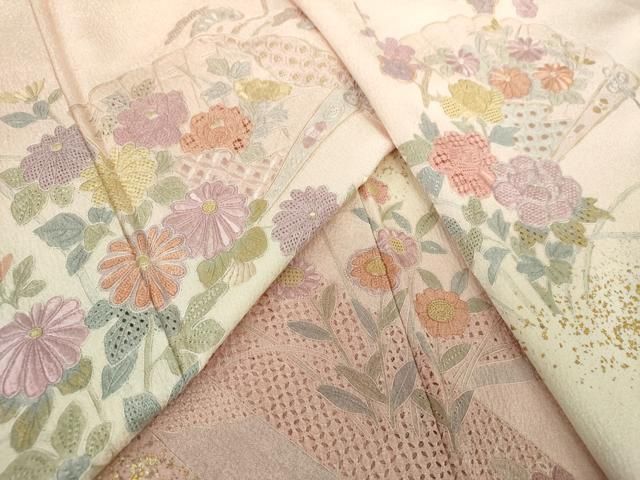 平和屋着物●中国三大刺繍　スワトウ相良刺繍　汕頭相良刺繍　総刺繍　訪問着　檜扇花文　暈し染め　金彩　正絹　逸品　DAAQ3332ps 平和屋着物○中国三大刺繍 スワトウ相良刺繍 汕頭相良刺繍 総刺繍 訪問