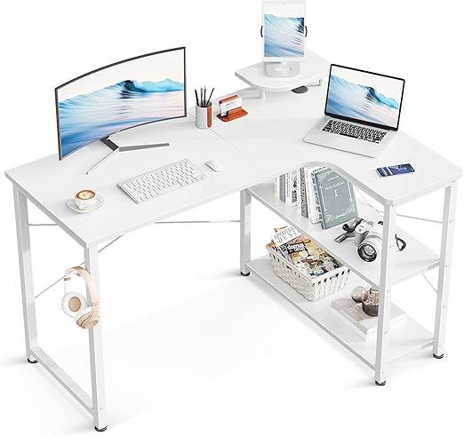 ODK ゲーミングデスク L字 パソコンデスク 幅110 デスク desk 机 pcデスク 棚付き オフィス ワーク 在宅勤務 子 作業机 組立簡単 ホワイト 右棚