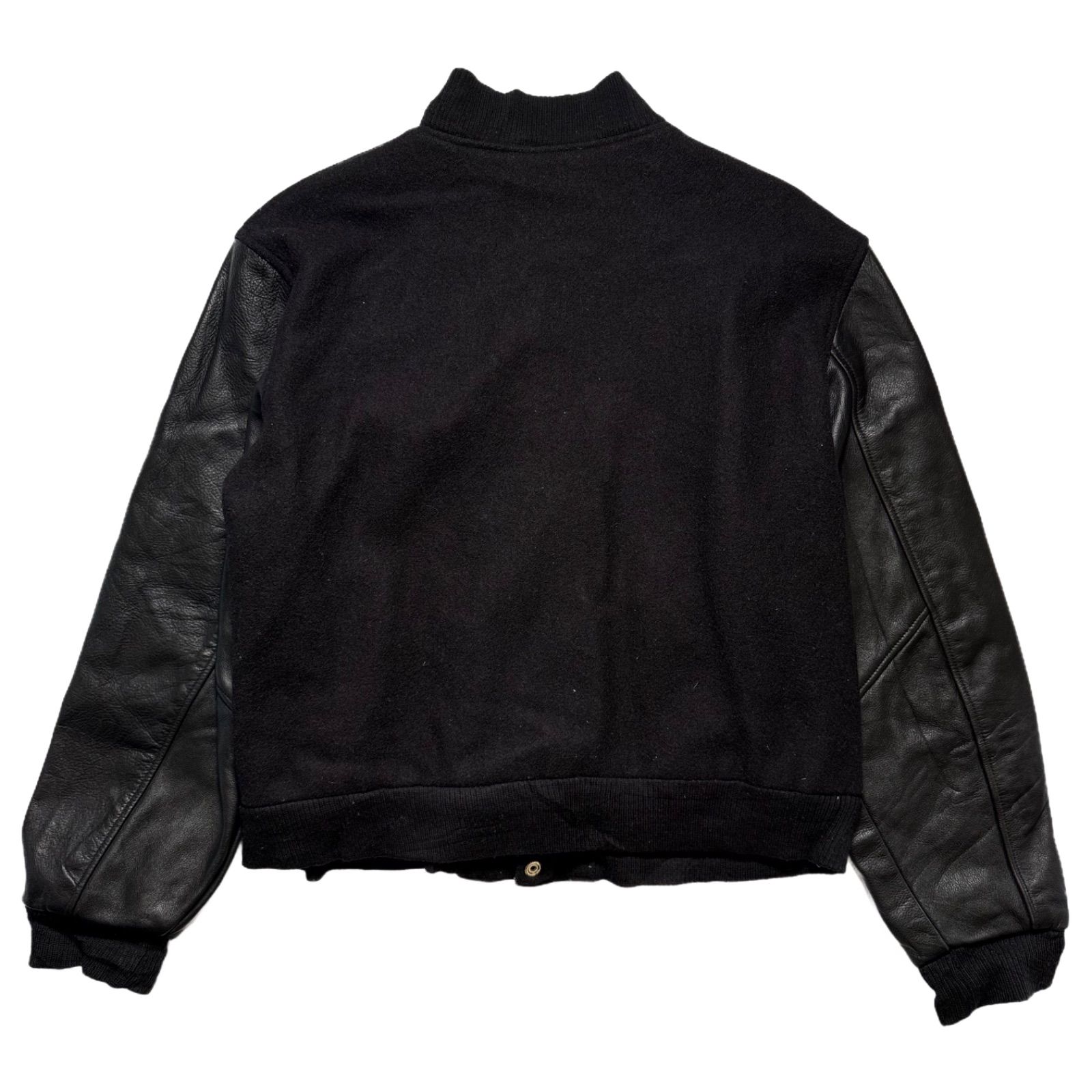 【美品】90s ウール レザー 切り替え JAVAブラック 企業ロゴ スタジャン プログラミング言語 JAVA刺繍 ブラックウールレザースタジャン 【L