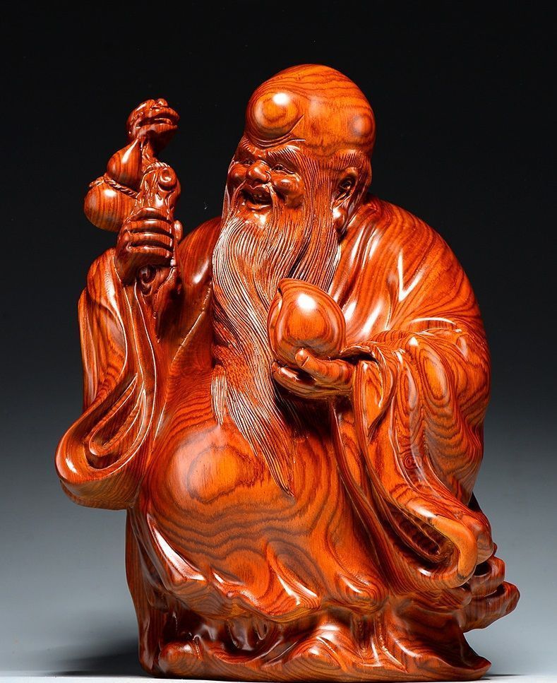 木彫仏像 七福神 置物 福禄寿 木像 木製フィギュア 黄花梨 花梨木 天然カリン材 神像 仏像 木彫り置物 高さ 15cm