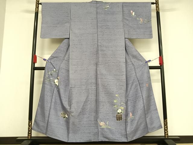 平和屋着物●十日町友禅作家　岡村蒼風　訪問着　紬地　花籠　正絹　逸品　AAAW4121np 平和屋着物○十日町友禅作家 岡村蒼風 訪問着 紬地 花籠 正絹 逸品