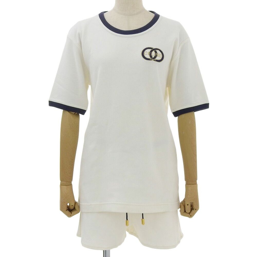 CELINE - 未使用 タグ付 セリーヌ CELINE 90年代ヴィンテージ 裏起毛コットン スウェット トリム Tシャツ パンツ セットアップ L 白 紺２点 レディー 未使用 タグ付 セリーヌ CELINE 90年代ヴィンテージ 裏起毛コットン