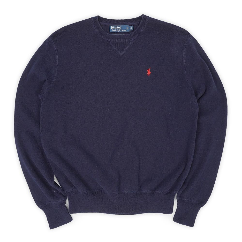 ポロラルフローレン POLO RALPH LAUREN 90s 90年代 コットンニット ロゴ刺繍 ワンポイント 定番 USA ヴィンテージ アメリカ 古着 メンズ ニット セーター ネイビー 紺 M【中古】