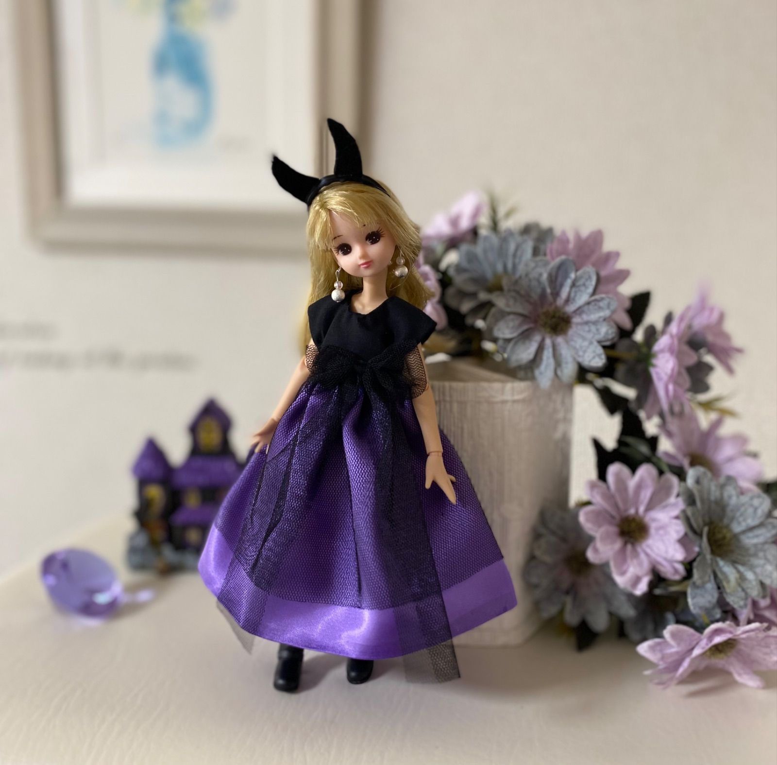 リカちゃんハンドメイド服 ハロウィンカチューシャ付きドレス3点