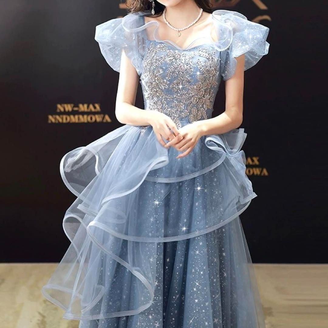 レディースファッション フリルに花柄がオシャレなチュールイブニングドレス .