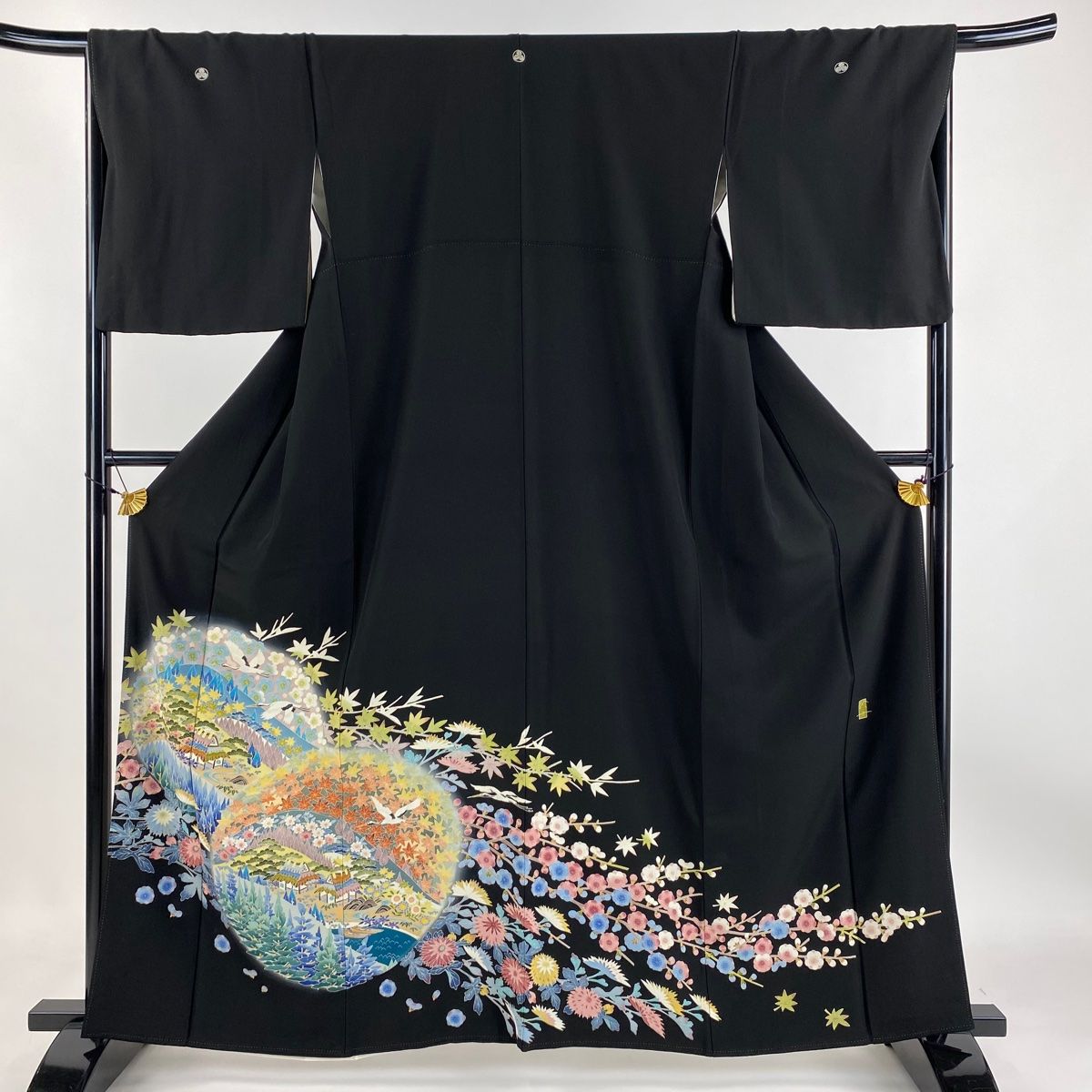 黒留袖 身丈160.5cm 裄丈68cm L 袷 落款 風景 鶴 ぼかし 黒 正絹