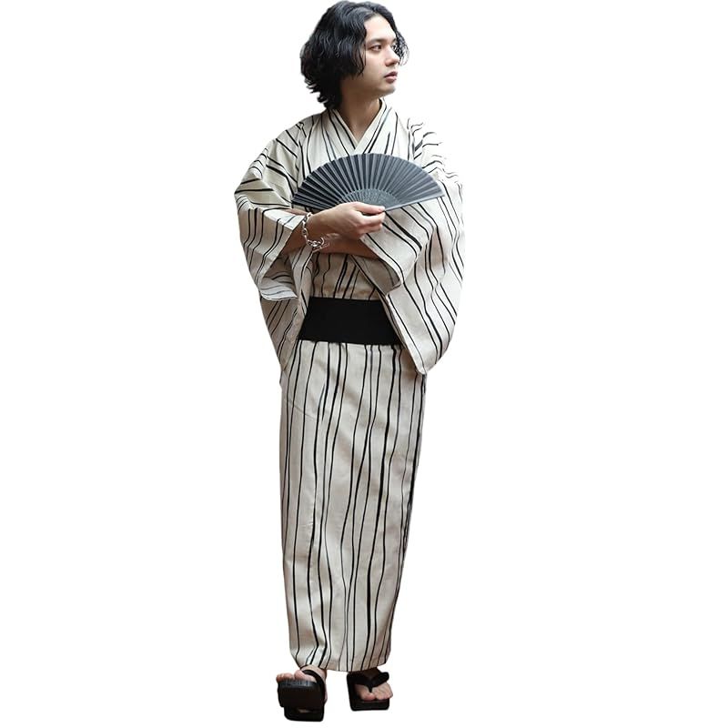 8 eight エイト 和柄 総柄 浴衣 3点セット メンズ 浴衣 帯 下駄 コットン よろけ縞ブラックLL