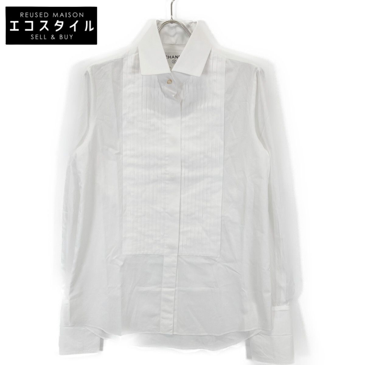 CHANEL シャネル ホワイト 02P P19509V11015 パール釦 プリーツドレスシャツ 40