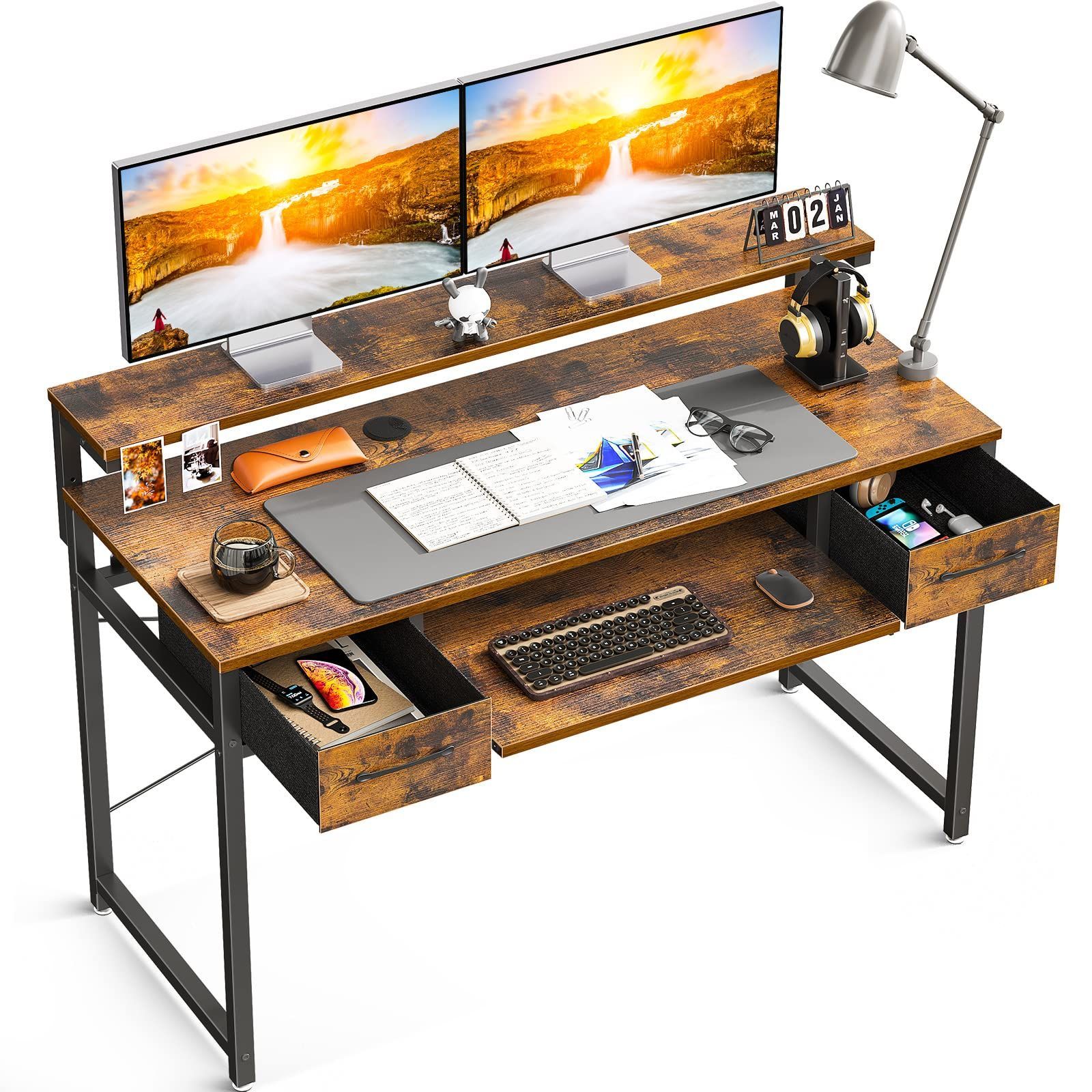 ゲーミングデスク ラック & 引き出し 2 杯付き 幅 120cm