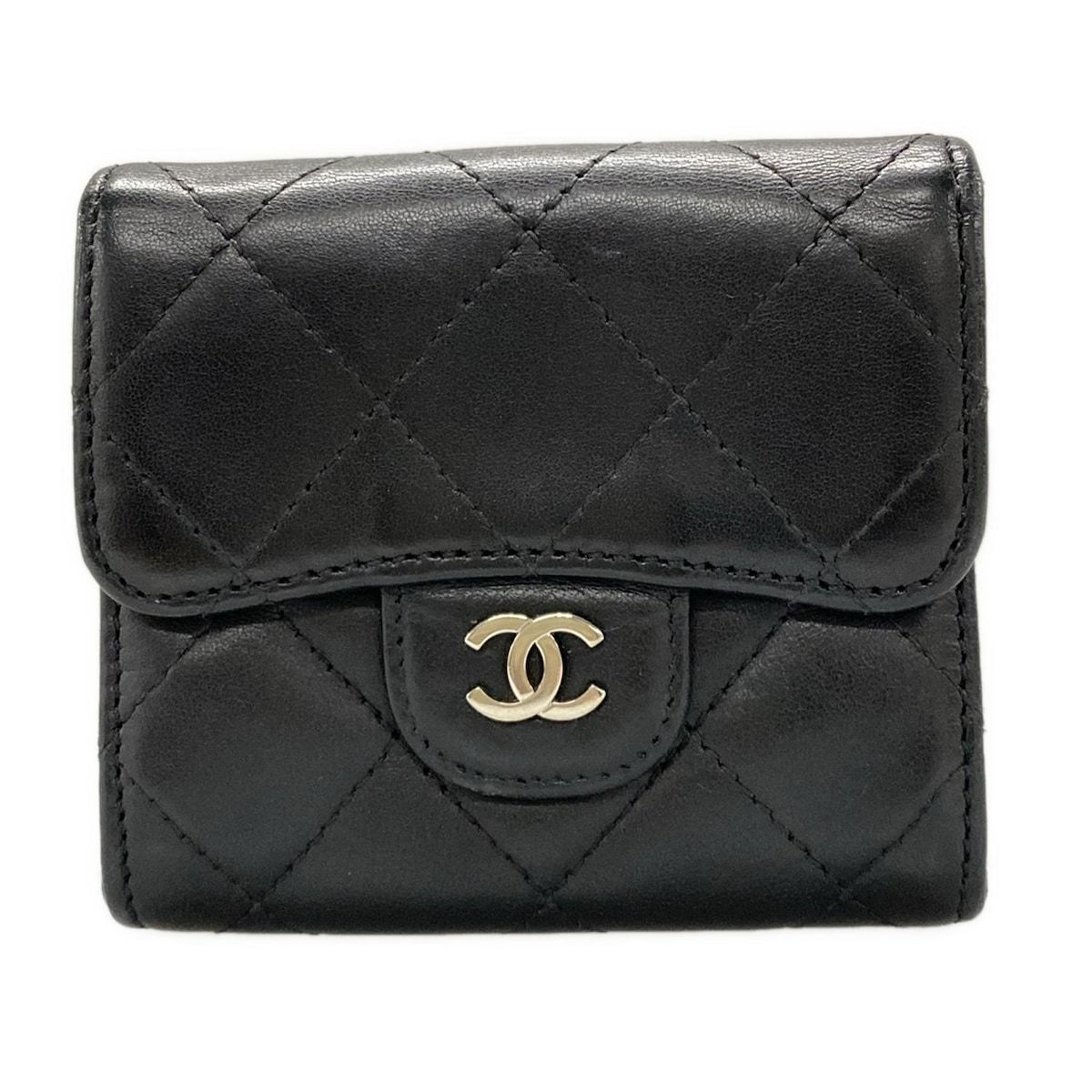 CHANEL シャネル Wホック財布 マトラッセ 黒 ラムスキン