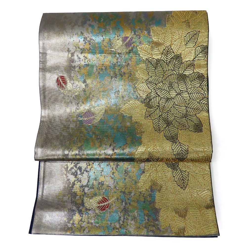 中古】 袋帯 正絹(金銀糸除く) シルバー ゴールド グリーン 箔 和装 