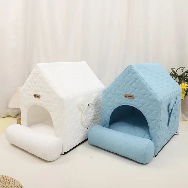 ペットハウス テント ペットベッド 組立簡単 開閉 窓付き 犬用 猫用 ベッド マット ふわふわ かわいい おしゃれ 高品質 耐久性 室内 ブルー ホワイト 春 夏 秋 冬 通年 ペット用品 小型犬 中型犬 小型猫 中型猫 大型猫