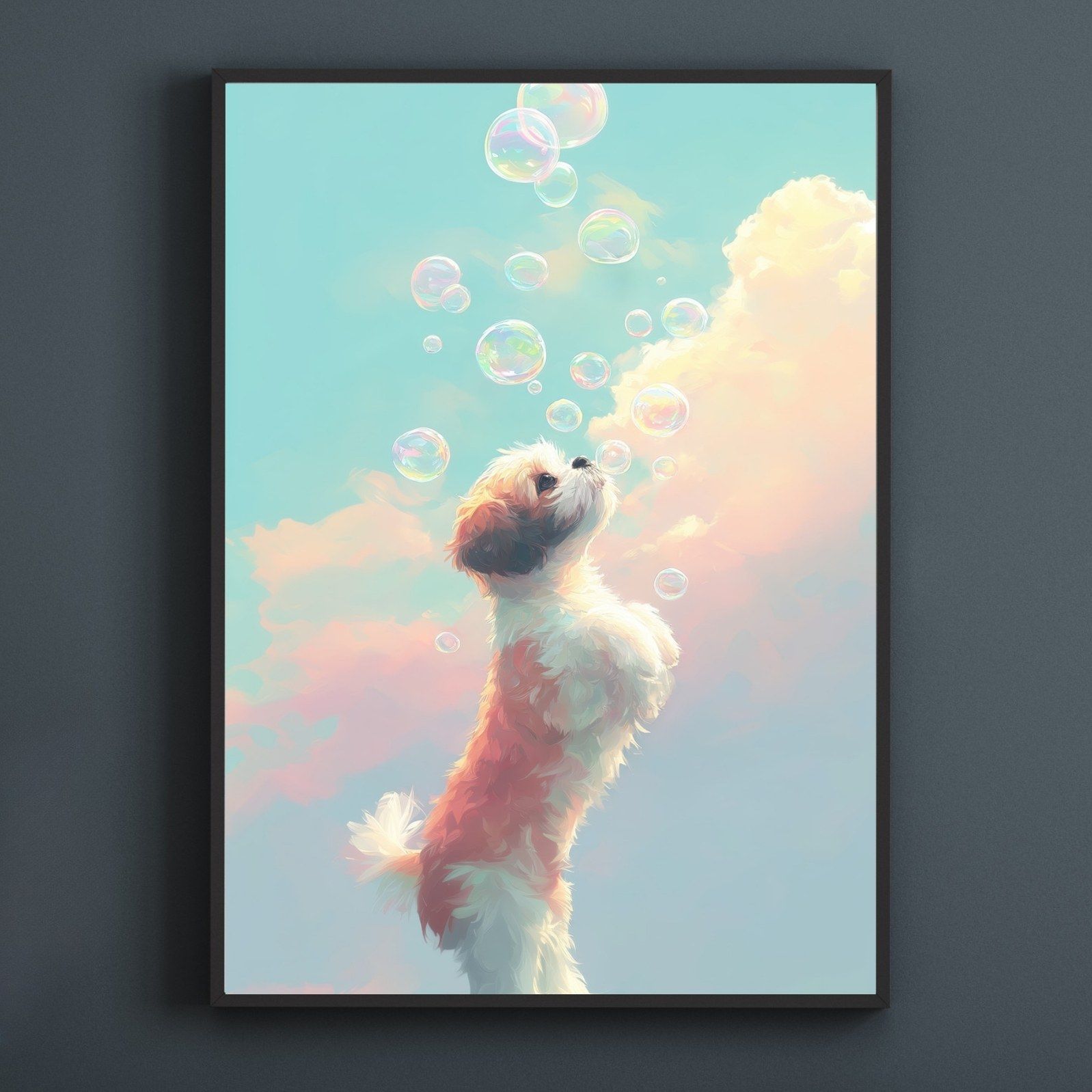 名入れOK 犬とシャボン玉 - シーズー犬 No.1 アートポスター うちの子記念日 ペットロス 北欧 ナチュラル