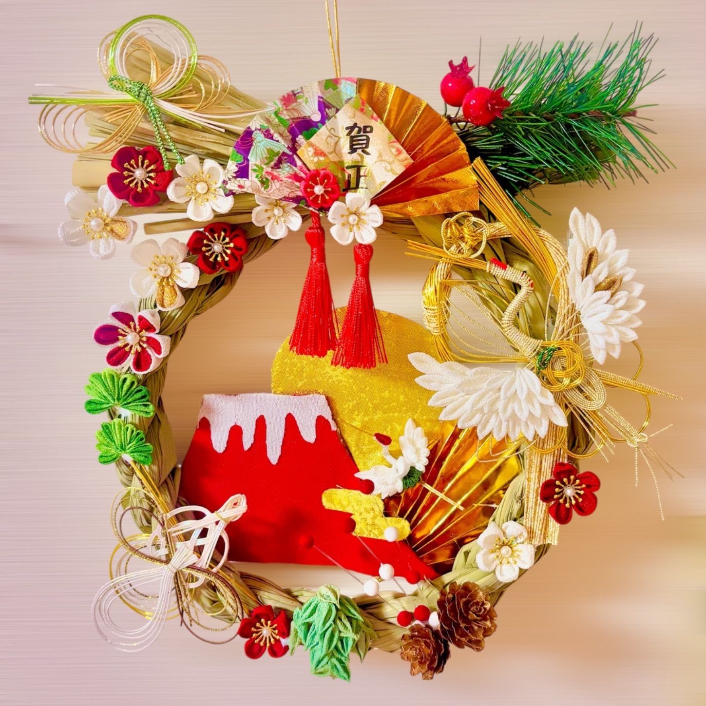 2026 正月 しめ縄飾り 〜鶴亀吉兆 黄金の朝〜 つまみ細工 正月リース