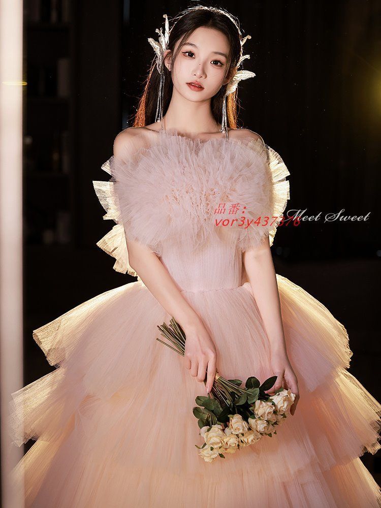 カラードレス ロングドレス プリンセスドレス ピンク フリル 結婚式