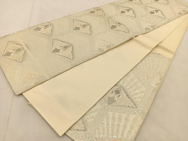 平和屋着物◎六通柄袋帯 唐織 亀甲双鶴花文 銀糸 正絹 逸品 未