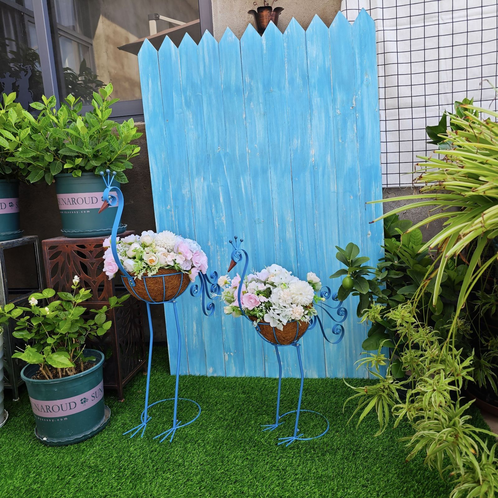 植木鉢 フラワーバスケット プランター 2個セット メタル 孔雀 ピーコック 鳥 青 ブルー 部屋の装飾 家の装飾 庭 ガーデン インテリア 4-7