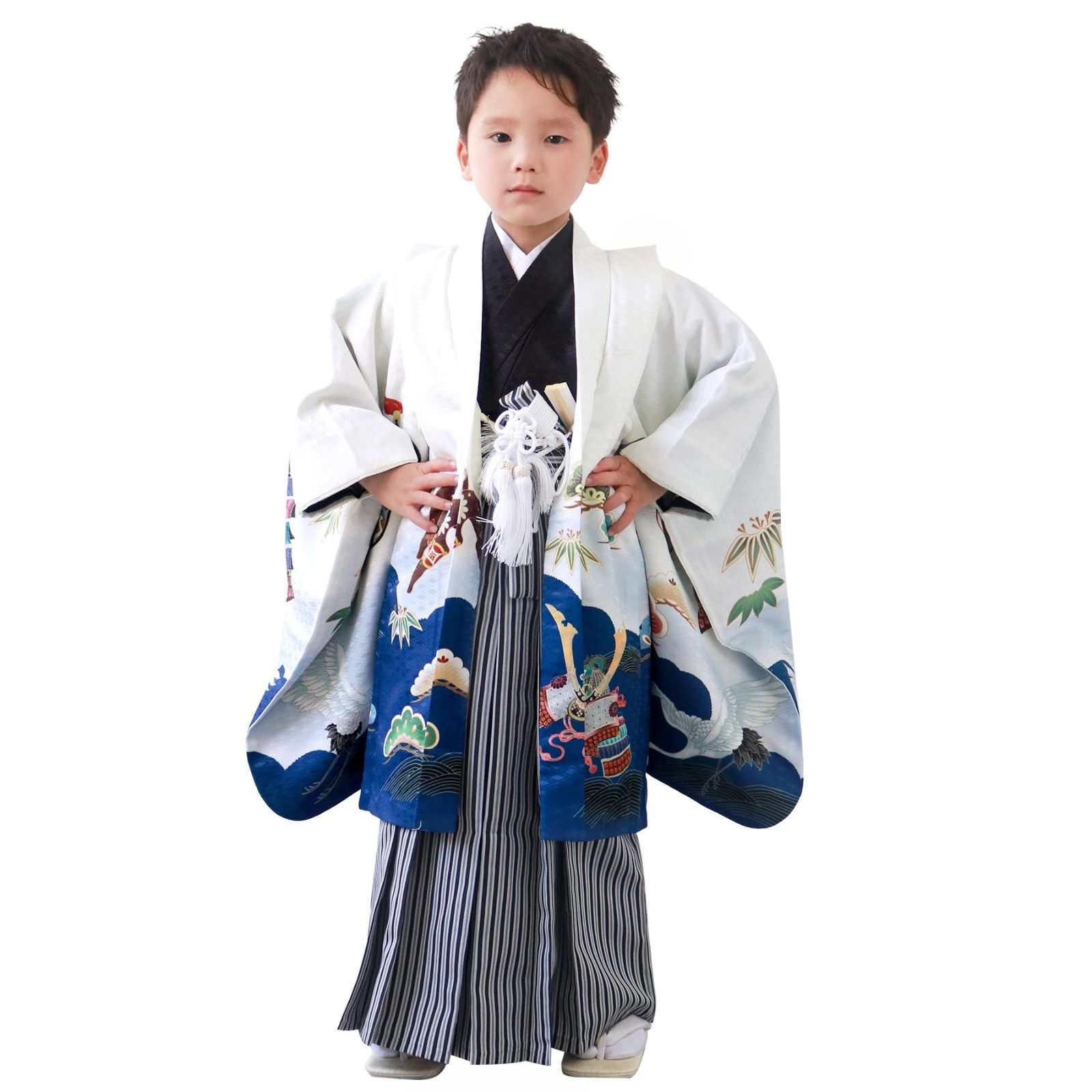 KYOETSU キョウエツ 七五三 5歳 男の子 着物 セット 羽織 袴 フルセット 753 鷹兜松 B 13 鶴兜-白紺＋黒縞 袴 紐下60cm