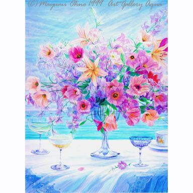 完売 絵画 花の絵 ユリ 青 ブルー 黄色 グラス 風水 フラワー 透明