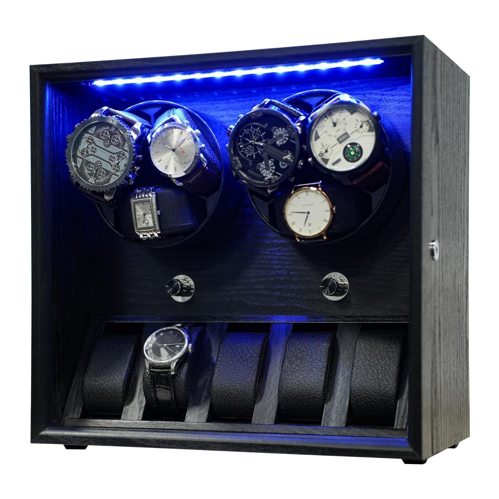 ファッションアイテム ORYX ワインディングマシーン 腕時計自動巻き上げ機 ウォッチワインダー 6本巻き 5本収納 時計ケース 自動巻き 調整 クッション LEDライト付 木製 USB電源