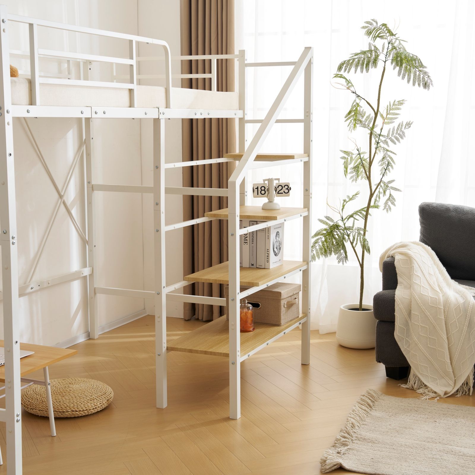 S ロフトベッド 階段付き S パイプベッド シングル 収納 スチール 耐震