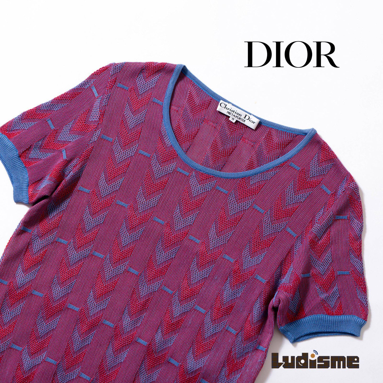 ディオール Christian Dior PRETA-PORTER メッシュニットTシャツ 総柄 レッド×ブルー ニットリブ 半袖 レディースファッション レディーストップス