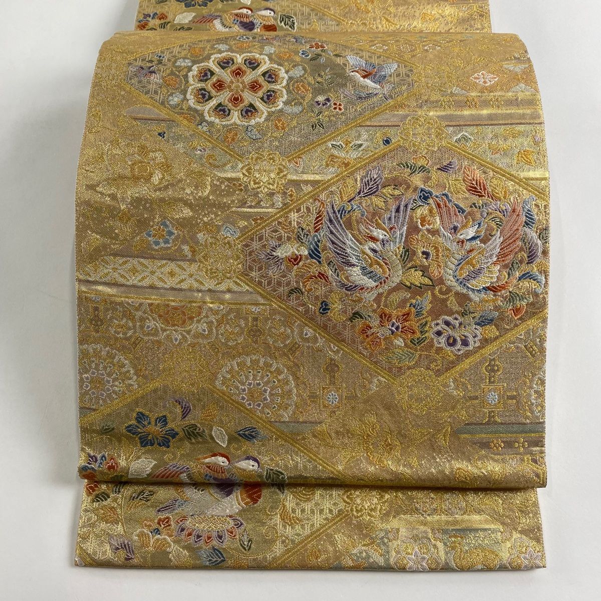 袋帯 美品 秀品 花鳥 華文 金銀糸 箔 金色 六通 正絹 【中古
