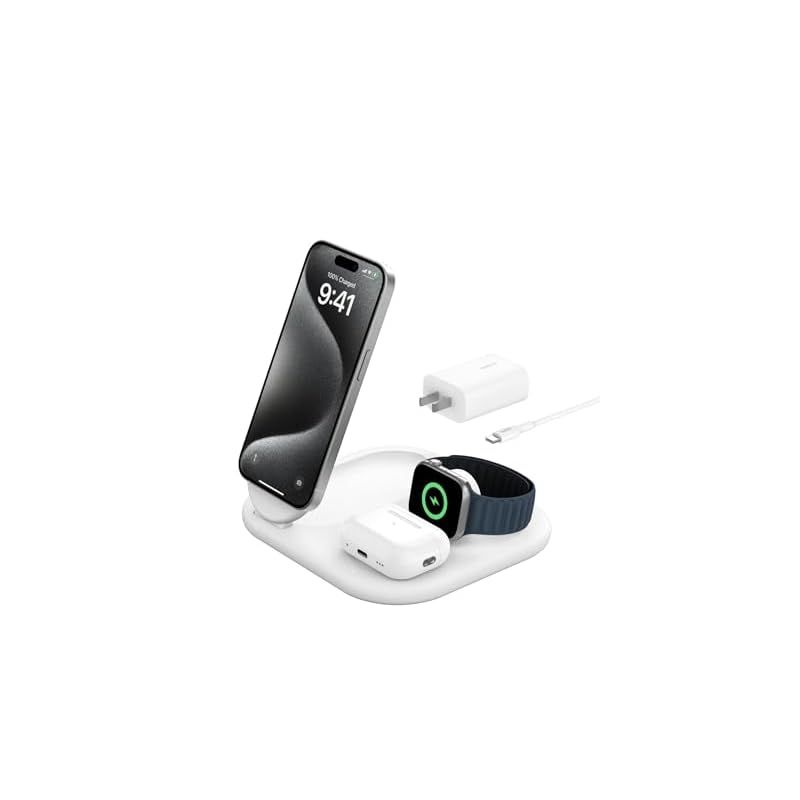 Belkin Qi2 3-in-1 Qi2 折りたたみ式充電パッド Qi2公式認証 MagSafe対応 iPhone 16 15 14 13 12 Qi2対応スマートフォン 最大15W高速充電 AirPods ワイヤレス充電対応イヤホン 5W充電 Ap 0