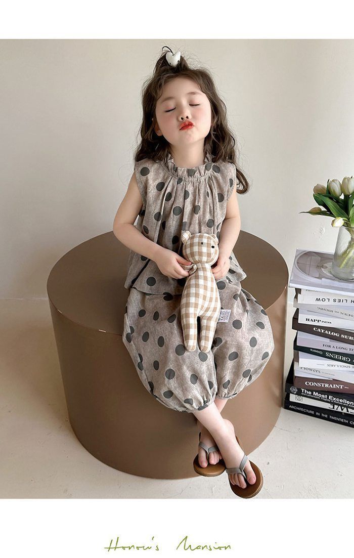 女の子 夏服 上下セット 女児 夏 ドット 子供 3歳~6歳 上下セット お出かけ 涼しい 綿麻 可愛い 2点セット おしゃれ 通園 90-140cm 2 serena0903155