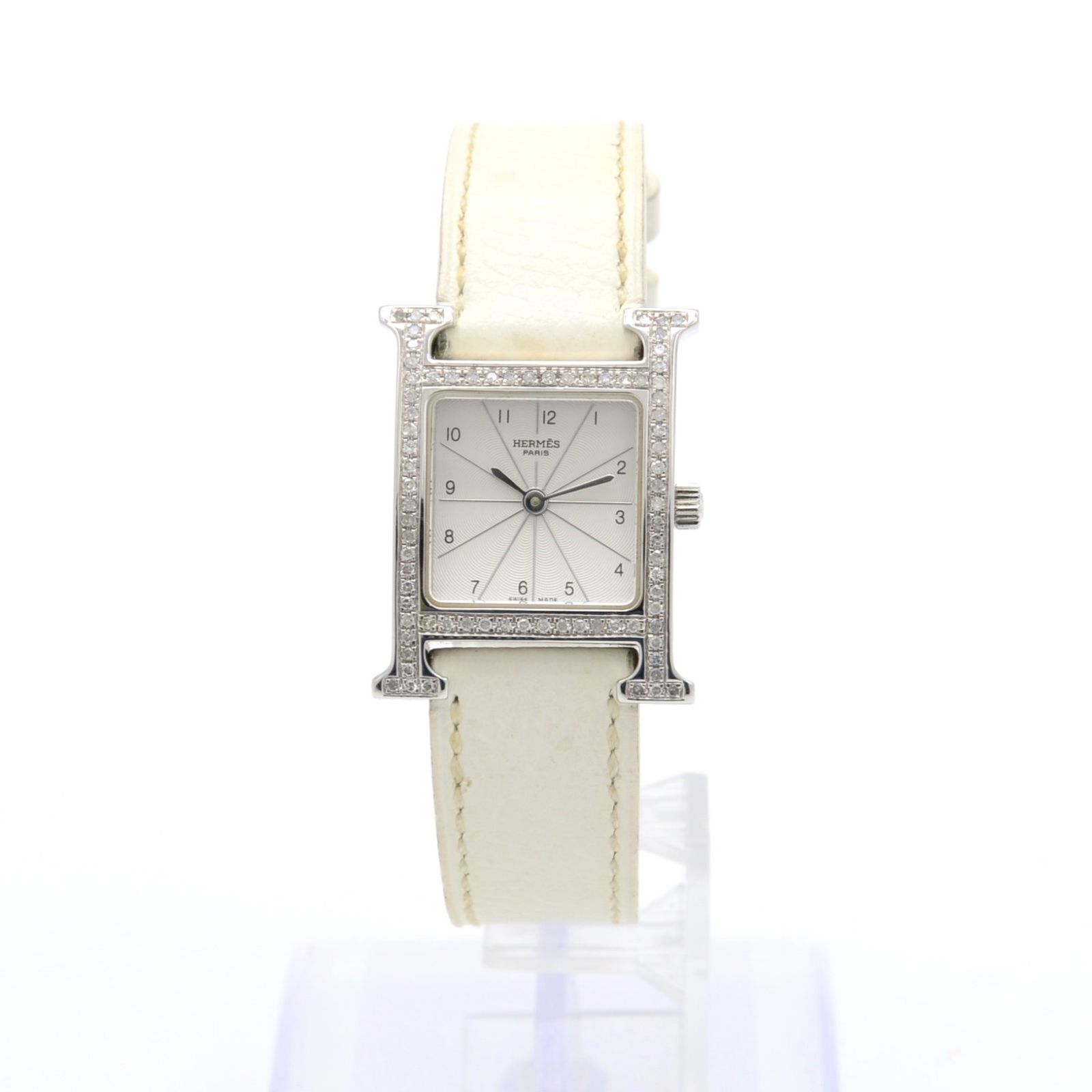 HERMES エルメス Hウォッチ HH1.210 ダイヤベゼル クォーツ QZ SS×革 