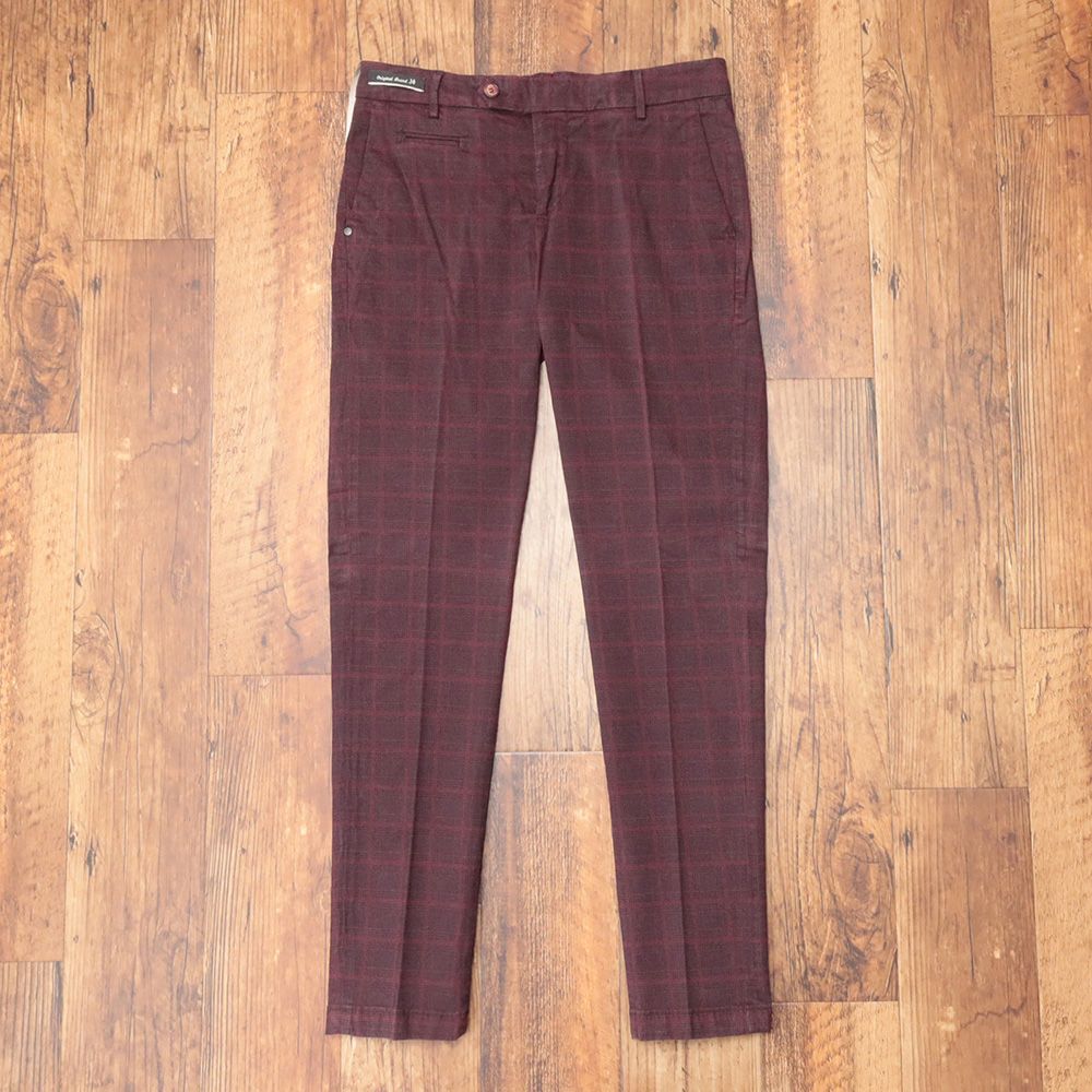 秋冬 NO LAB Clothing＆Co. 34インチ 美脚チノパンツ ストレッチ チェック柄 製品染め加工 イタリア製 赤 ボルドー md 184