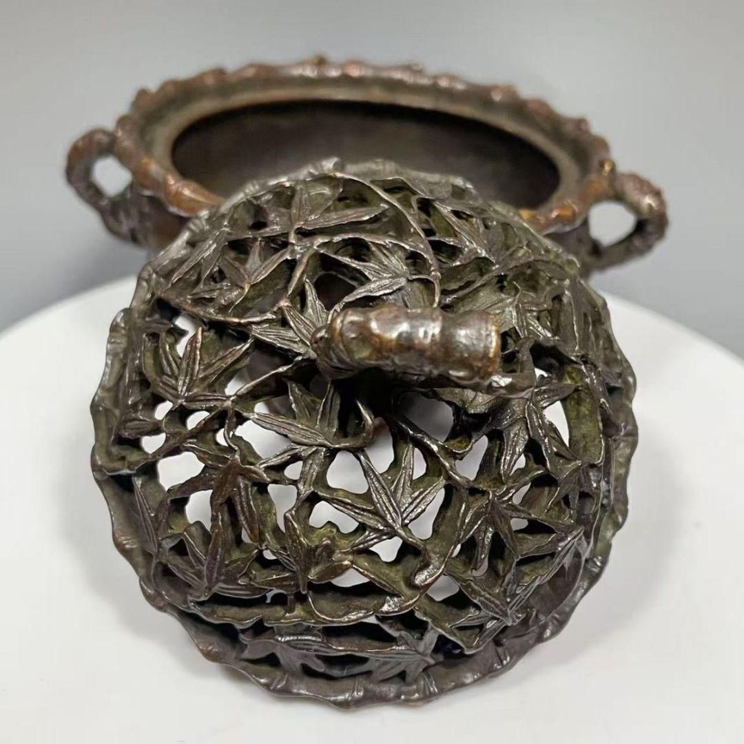 銅器 竹葉節透かし彫り炉 香炉 室内檀香炉 茶道具 香道具 工芸品