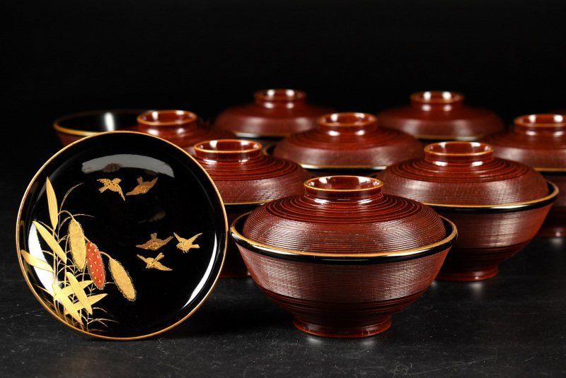 蔵A3181a 木製糸目 見返蒔絵絵替草花文 吸物椀 汁椀 蓋物 十客