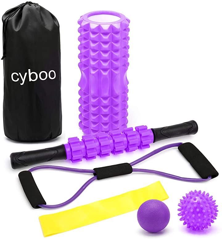 CYBOO フォームローラー 筋膜リリース マッサージローラー 6セット ヨガポール ヨガローラー マッサージスティック 収納袋付き( パープル)