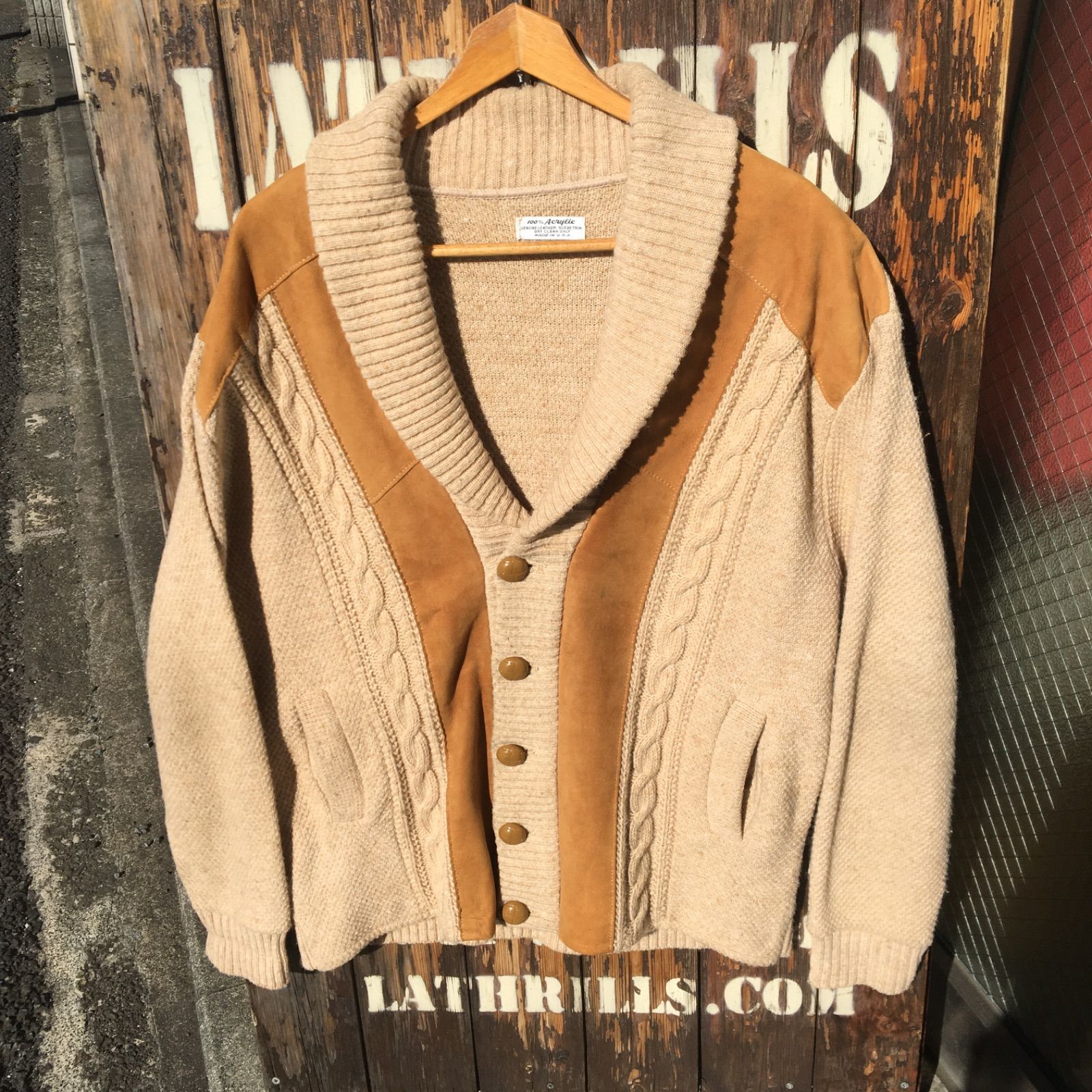 70s Vintage USA製 Acrylic knit & Leather Cardigan US-L ビンテージ