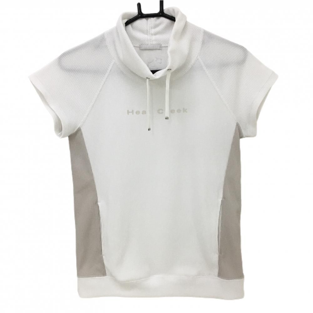 【超美品】ヒールクリーク 半袖ハイネックシャツ 白×グレー ワッフル地 ポケット口 レディース 40(M) ゴルフウェア Heal Creek