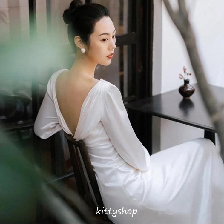 ウェディングドレス 白 サテン 二次会ドレス マーメイドドレス 長袖  