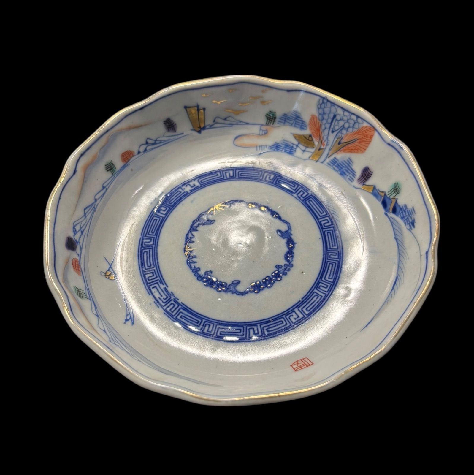 古伊万里 なます皿 [松竹梅鳥山水風景図] 色絵 金彩 染付 丸皿