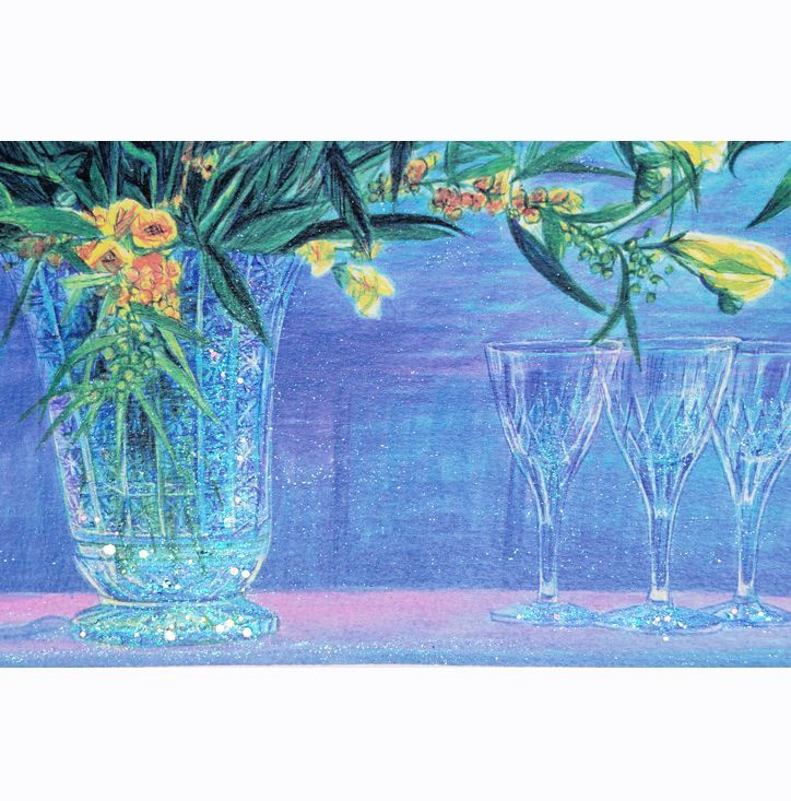 アクリル画　原画　花の絵　額付き　額装絵画　水彩画　ブルー　青　ユリ　黄色