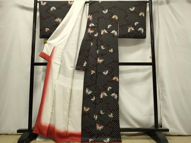 平和屋着物▽上質な小紋 単衣 作家物 舞蝶文 銀彩