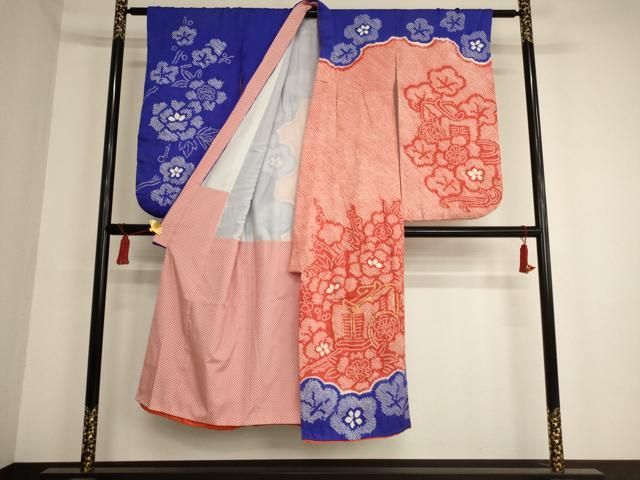 平和屋着物[]七五三 ７歳 祝着 四つ身 女の子 総絞り 逸品 絞り 七五三 刺繍 鼓舞梅文 正絹 正絹絞り四つ身着物 長襦袢セット 暈し 草花文