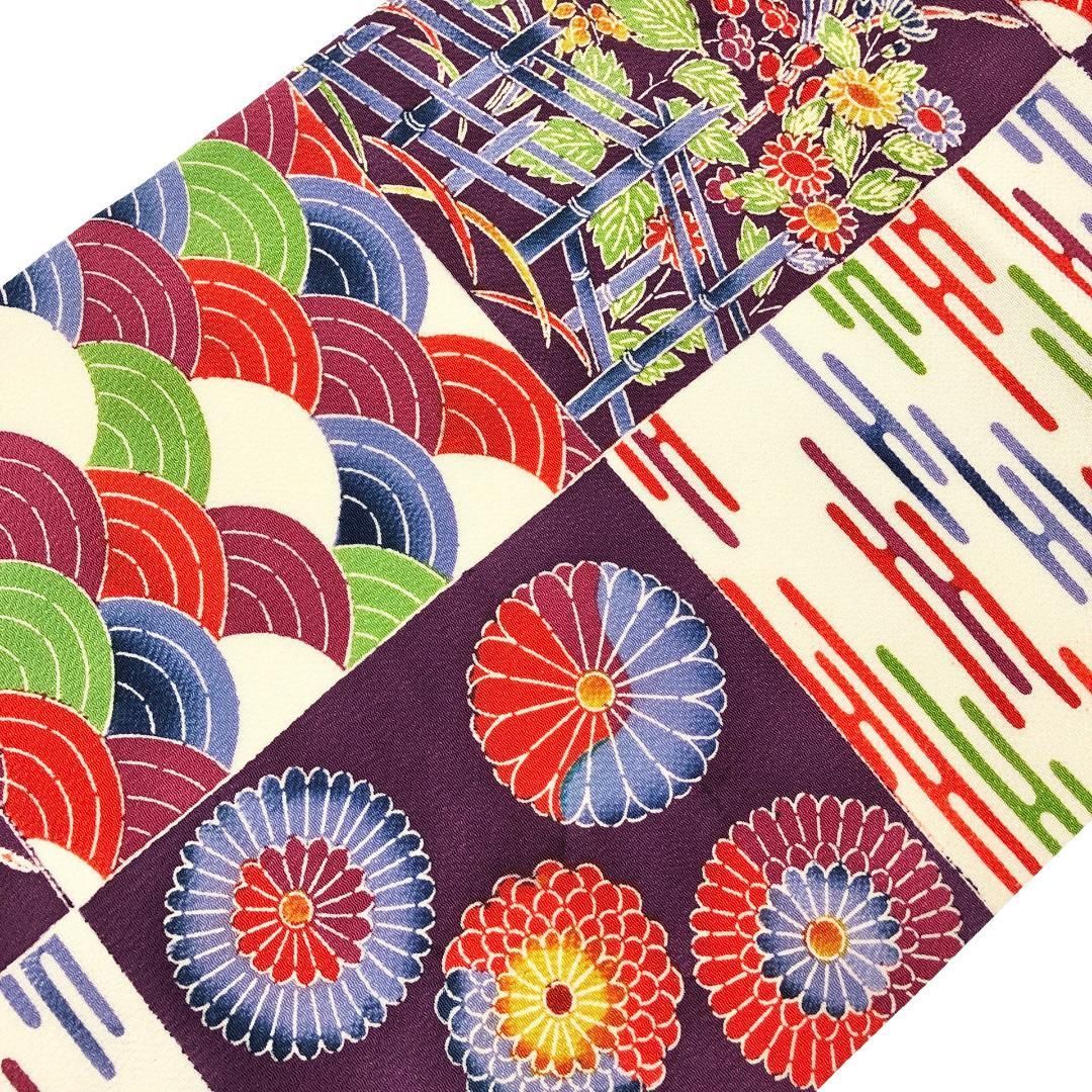 名古屋帯 総柄型染 色鮮やかな花模様 青海波 エ霞 縮緬 O-5625