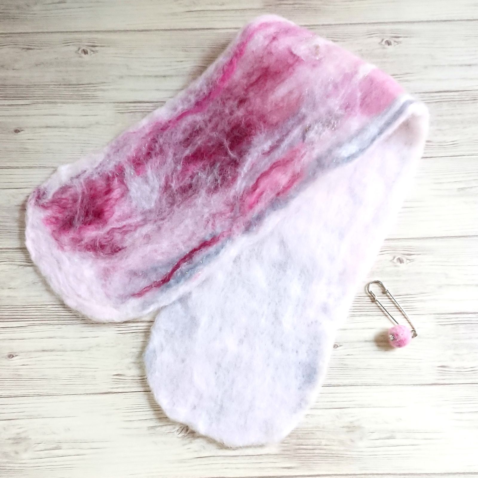 1点物★【Luka】毛糸フェルトマフラー『Babes in dream』未使用品 羊毛フェルトマフラー S ピンクMIX（リバーシブル）