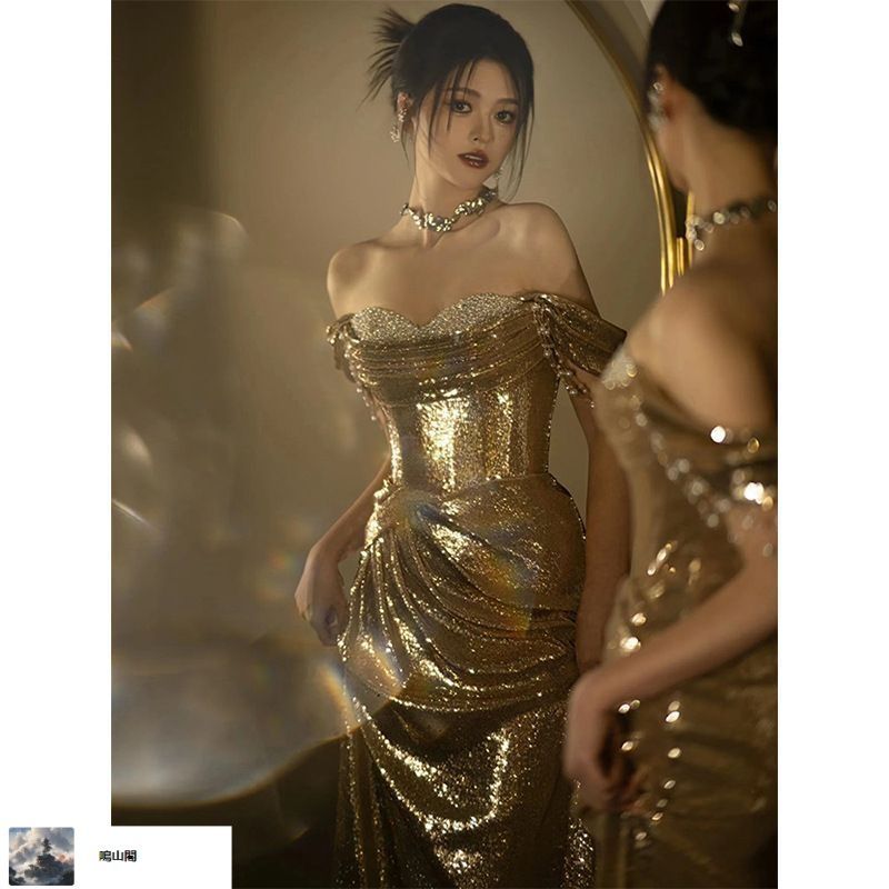 レディース 春夏 感 ロングドレス ゴールド スパンコール 一字肩 マーメイド ワンピース 結婚式 披露宴 パーティー 舞台衣