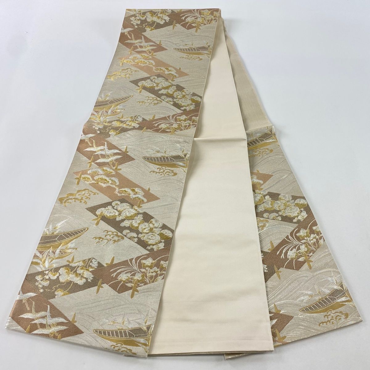 袋帯 美品 秀品 秋草 松 金銀糸 箔 ベージュ 六通 正絹 【中古