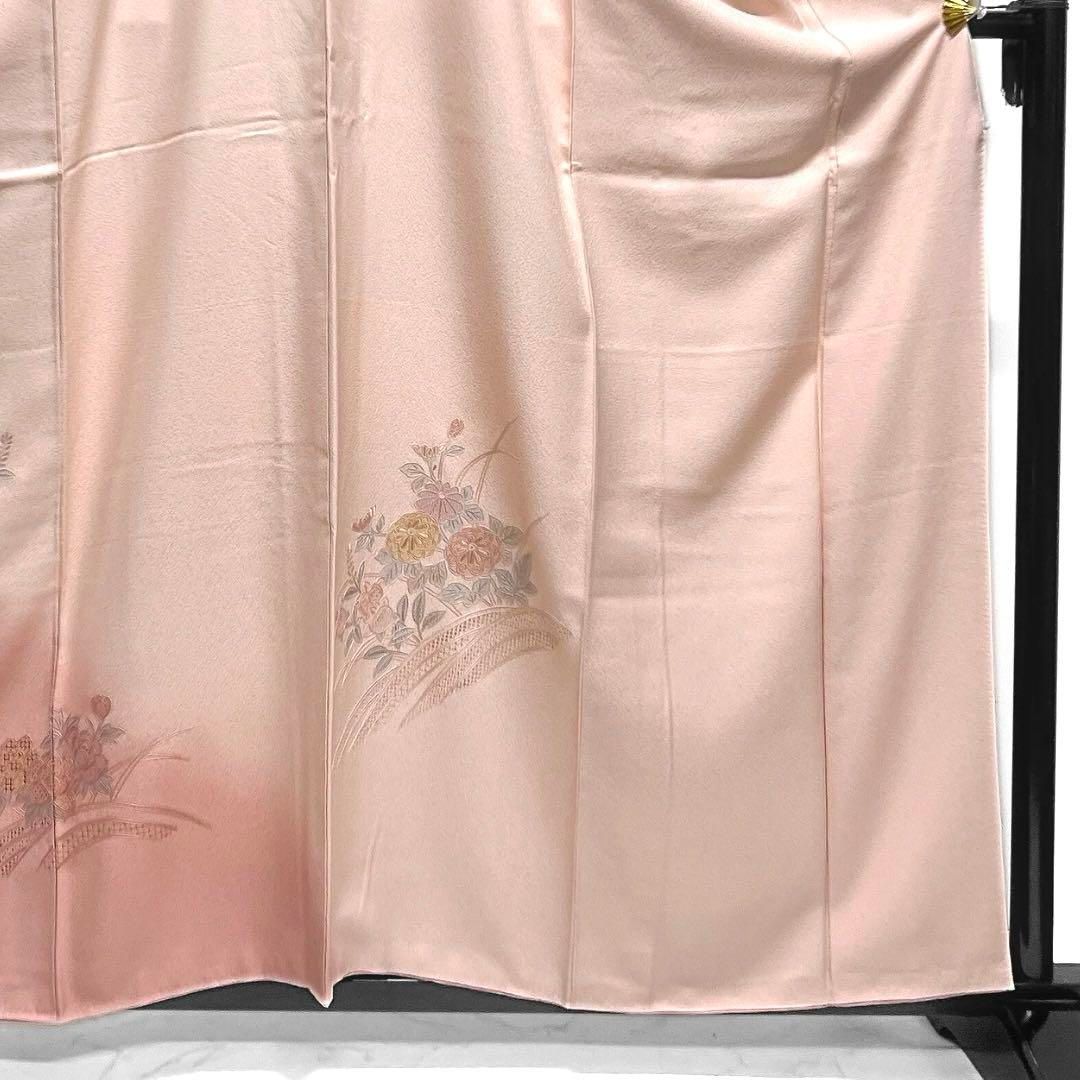 付け下げ スワトウ刺繍 菊 橘 リーフ 萩 ピンク 着物 034a d