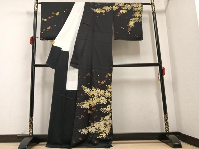 平和屋着物○訪問着 駒刺繍 枝花文 黒地 正絹 逸品 未使用 AABB5130ph