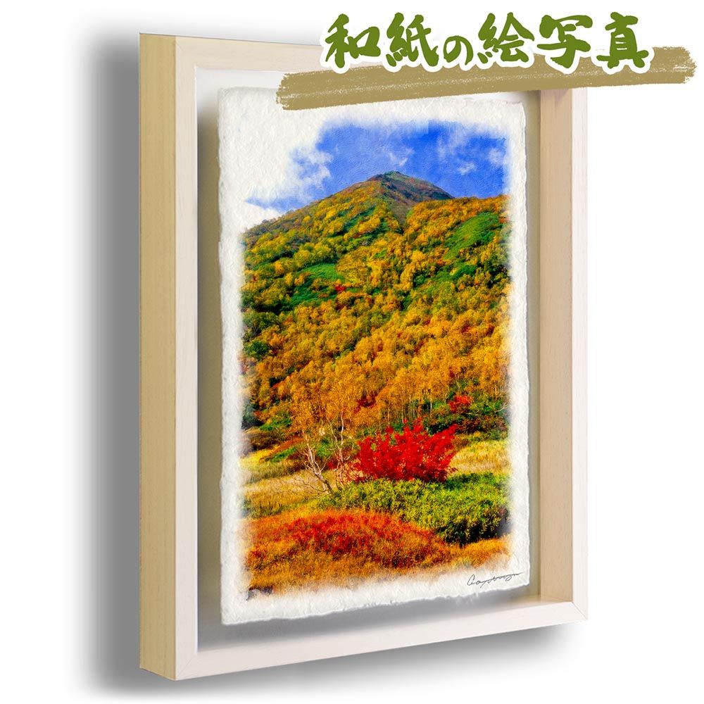 和紙の絵写真 「草紅葉と小蓮華山」 平面額縁付き 44x32cm 絵画
