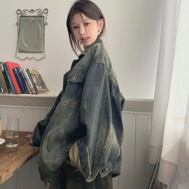 ストリート オーバーサイズ 大人カジュアル 古着加工 ユーズド加工 ジャケット デニムアウター デニムジャケット 春 ブルゾン アウター デニム ダメージ加工 レディース レトロ ウオッシュ加工 ア dzdx9720